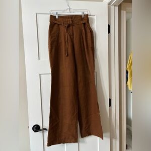 Wrap London Tan Linen High Waist Pleat‎ Front Loose Wide Straight Leg Trousers
